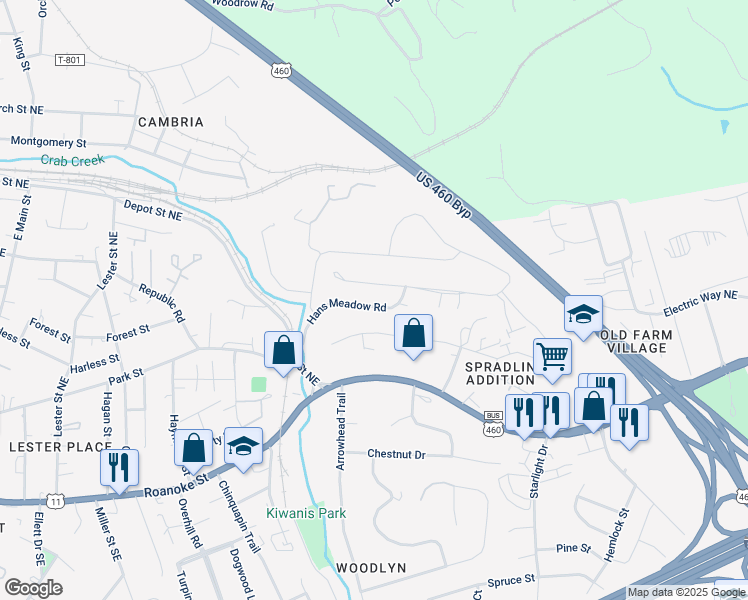 map of restaurants, bars, coffee shops, grocery stores, and more near 1150 Hans Meadow Road in Christiansburg