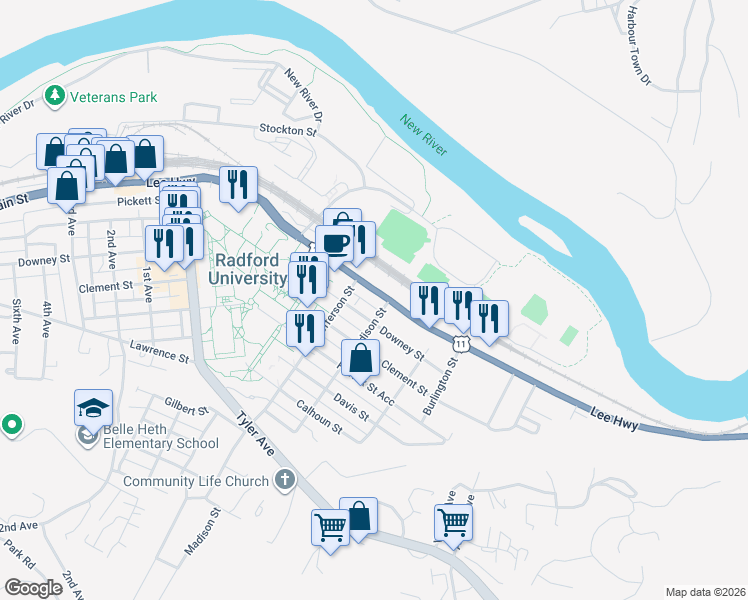 map of restaurants, bars, coffee shops, grocery stores, and more near 606 Downey Street in Radford
