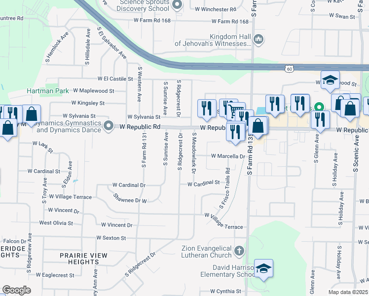 map of restaurants, bars, coffee shops, grocery stores, and more near 4250 South Ridgecrest Drive in Springfield