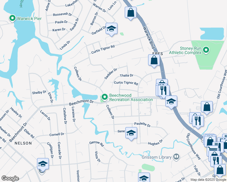map of restaurants, bars, coffee shops, grocery stores, and more near 907 Christine Circle in Newport News