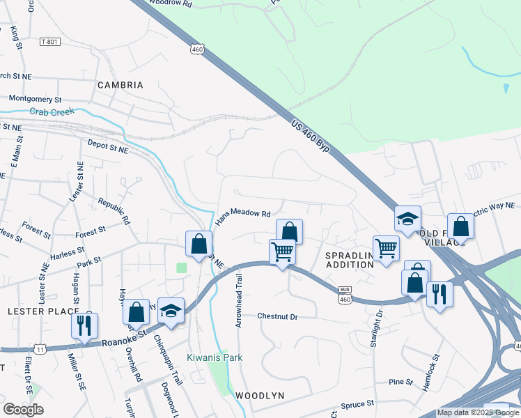 map of restaurants, bars, coffee shops, grocery stores, and more near 1150 Hans Meadow Road in Christiansburg