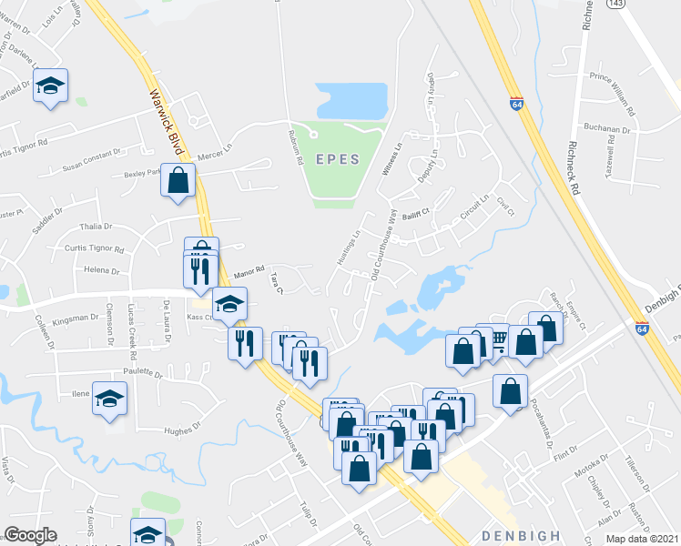 map of restaurants, bars, coffee shops, grocery stores, and more near 415 Hustings Lane in Newport News