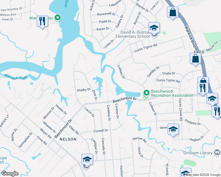 map of restaurants, bars, coffee shops, grocery stores, and more near 3 Belle Circle in Newport News