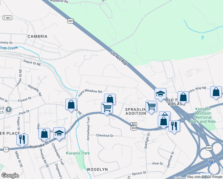 map of restaurants, bars, coffee shops, grocery stores, and more near 1235 Sherwood Drive in Christiansburg