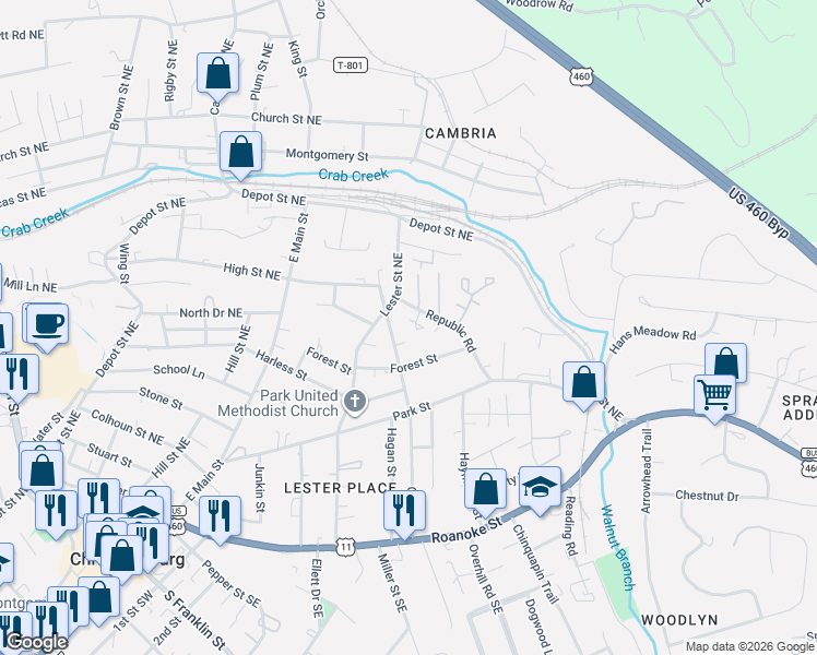 map of restaurants, bars, coffee shops, grocery stores, and more near 511 Craig Street in Christiansburg