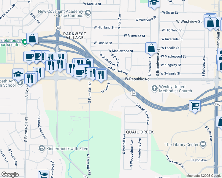 map of restaurants, bars, coffee shops, grocery stores, and more near 1434 West Lark Street in Springfield