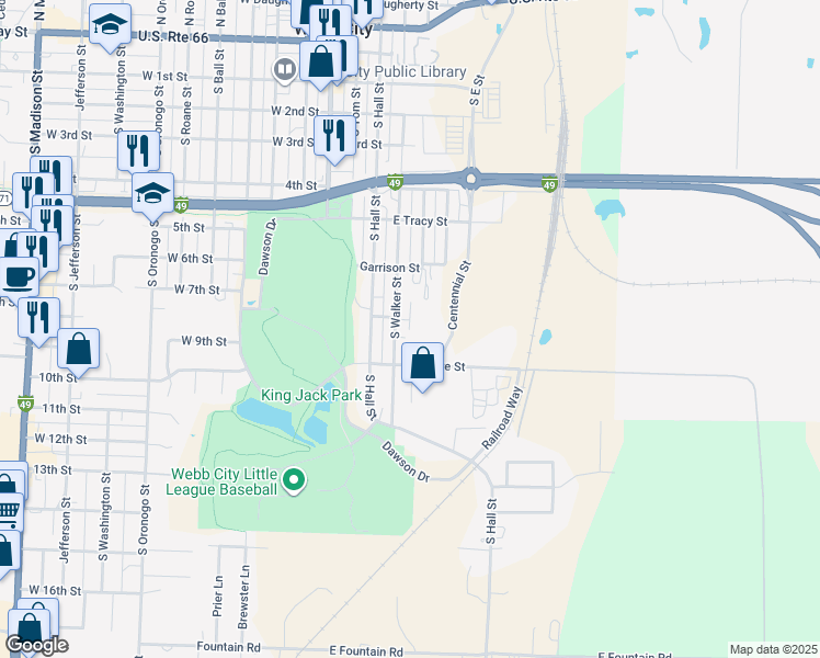 map of restaurants, bars, coffee shops, grocery stores, and more near 723 South Walker Street in Webb City