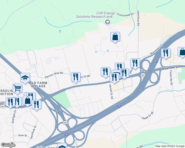 map of restaurants, bars, coffee shops, grocery stores, and more near 205 Teel Street Northeast in Christiansburg