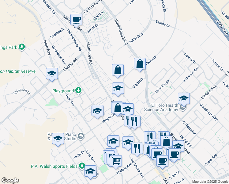map of restaurants, bars, coffee shops, grocery stores, and more near 17985 Cantabria Lane in Morgan Hill