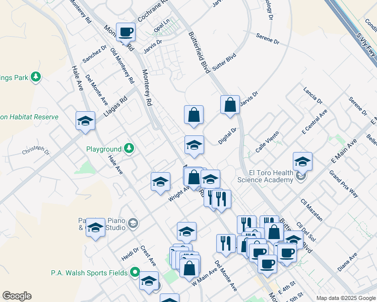 map of restaurants, bars, coffee shops, grocery stores, and more near 17985 Cantabria Lane in Morgan Hill