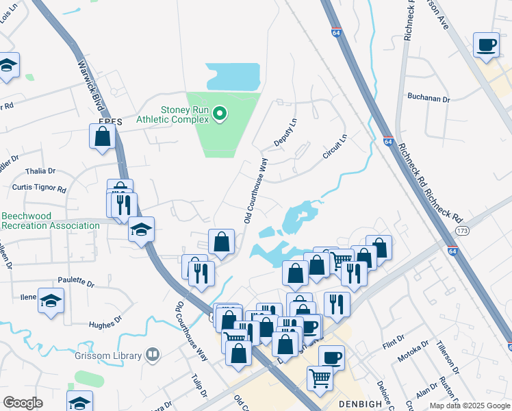 map of restaurants, bars, coffee shops, grocery stores, and more near 400 Advocate Court in Newport News