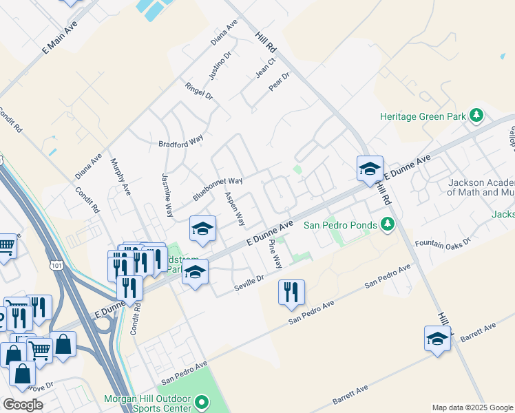 map of restaurants, bars, coffee shops, grocery stores, and more near Pine Way & Teak Court in Morgan Hill