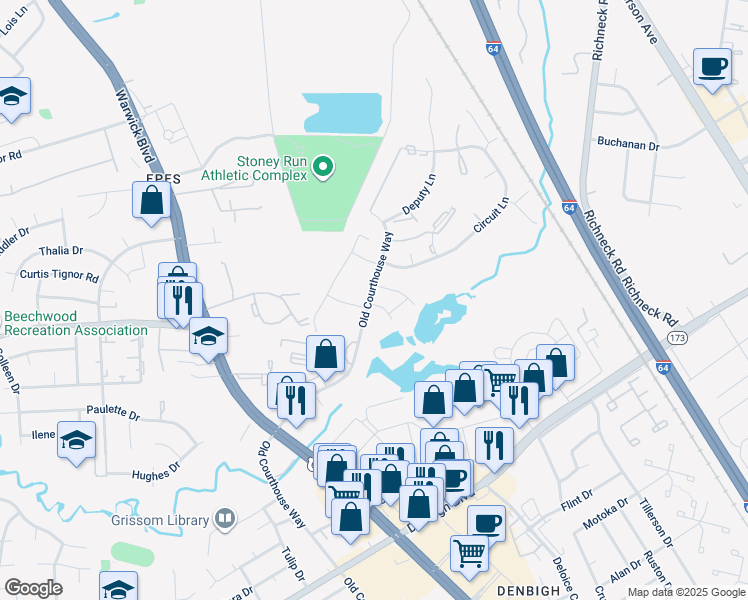 map of restaurants, bars, coffee shops, grocery stores, and more near 400 Advocate Court in Newport News