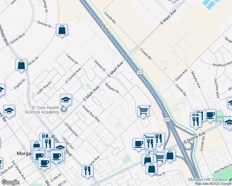 map of restaurants, bars, coffee shops, grocery stores, and more near 17469 Belletto Drive in Morgan Hill