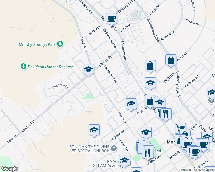 map of restaurants, bars, coffee shops, grocery stores, and more near 18204 Hale Avenue in Morgan Hill