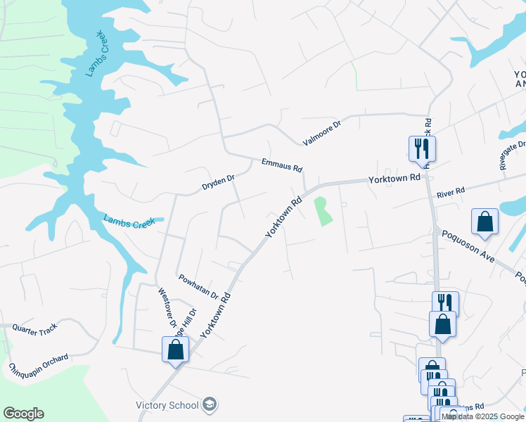 map of restaurants, bars, coffee shops, grocery stores, and more near 3 Lone Star Lane in Poquoson