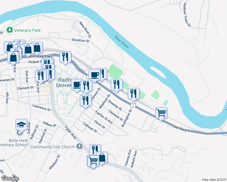 map of restaurants, bars, coffee shops, grocery stores, and more near 526 East Main Street in Radford