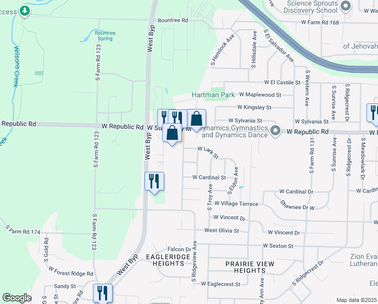 map of restaurants, bars, coffee shops, grocery stores, and more near 3954 West Lark Street in Springfield