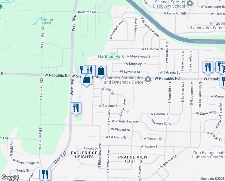 map of restaurants, bars, coffee shops, grocery stores, and more near 4303 South Troy Avenue in Springfield