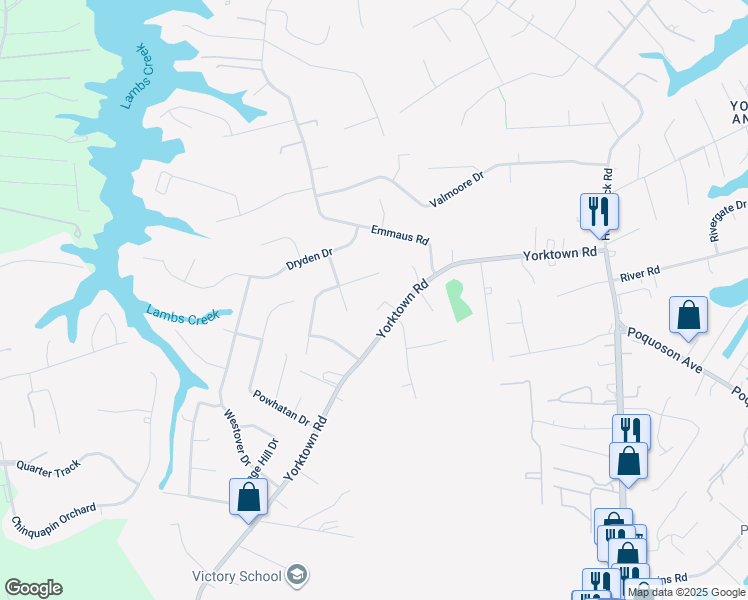 map of restaurants, bars, coffee shops, grocery stores, and more near 3 Lone Star Lane in Poquoson