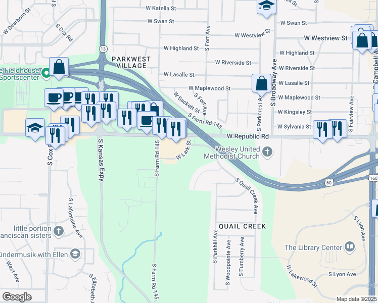 map of restaurants, bars, coffee shops, grocery stores, and more near 1434 West Lark Street in Springfield