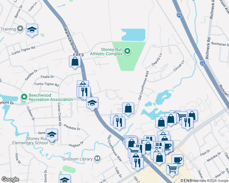 map of restaurants, bars, coffee shops, grocery stores, and more near 432 Manor Road in Newport News