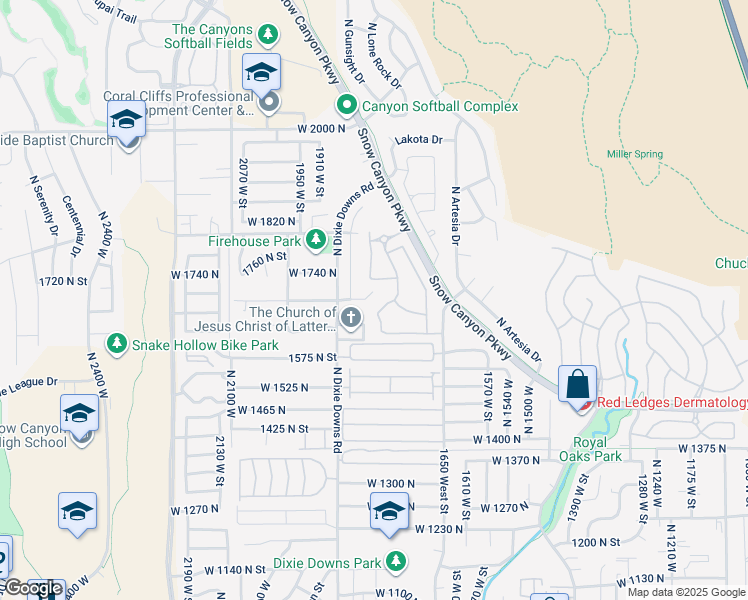 map of restaurants, bars, coffee shops, grocery stores, and more near 1806 North Dixie Downs Road in St. George