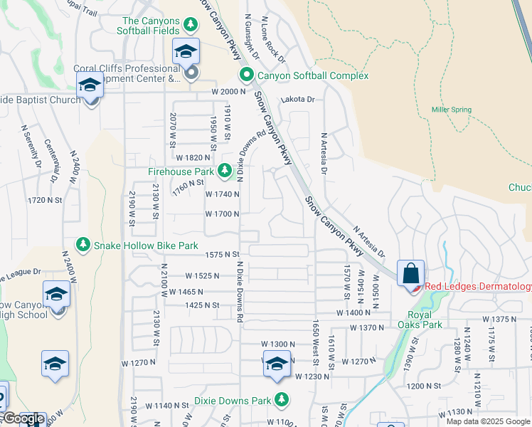 map of restaurants, bars, coffee shops, grocery stores, and more near 1806 North Dixie Downs Road in St. George