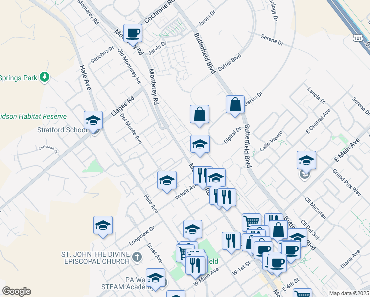 map of restaurants, bars, coffee shops, grocery stores, and more near 18006 Monterey Road in Morgan Hill