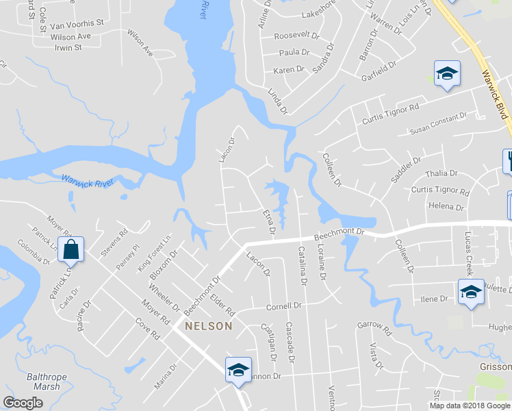 map of restaurants, bars, coffee shops, grocery stores, and more near 915 Etna Drive in Newport News