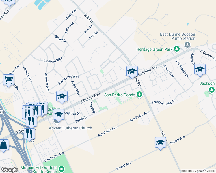 map of restaurants, bars, coffee shops, grocery stores, and more near 17392 Tassajara Circle in Morgan Hill