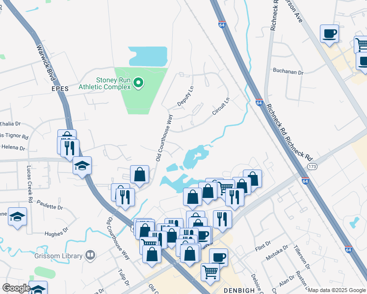 map of restaurants, bars, coffee shops, grocery stores, and more near 341 Advocate Court in Newport News