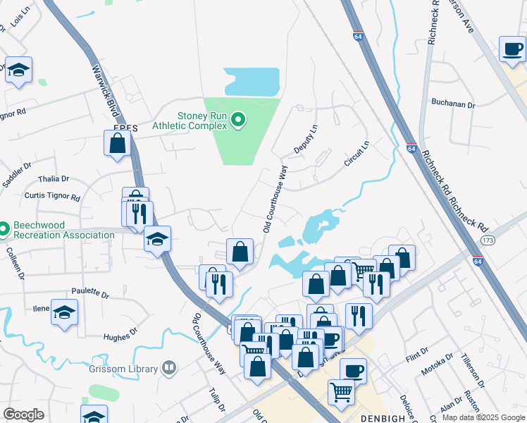 map of restaurants, bars, coffee shops, grocery stores, and more near 400 Hustings Lane in Newport News