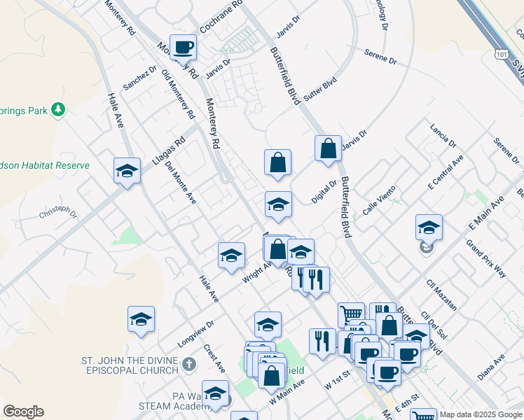 map of restaurants, bars, coffee shops, grocery stores, and more near 18000 Navarra Lane in Morgan Hill