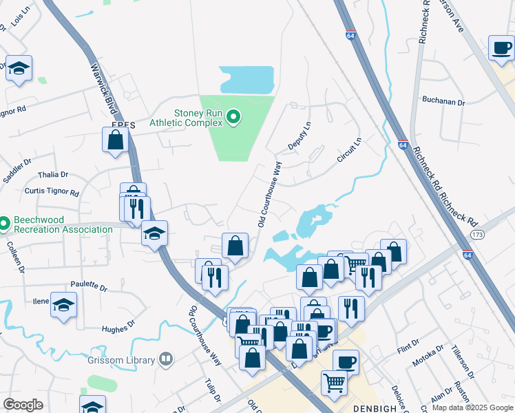 map of restaurants, bars, coffee shops, grocery stores, and more near 400 Hustings Lane in Newport News