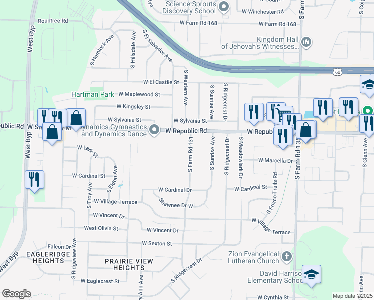 map of restaurants, bars, coffee shops, grocery stores, and more near 4247 South Farm Road 131 in Springfield