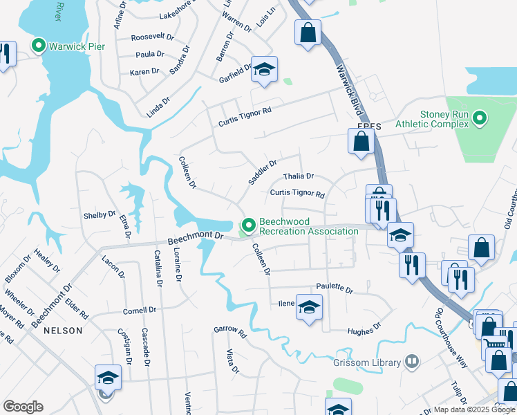 map of restaurants, bars, coffee shops, grocery stores, and more near 305 Thalia Drive in Newport News