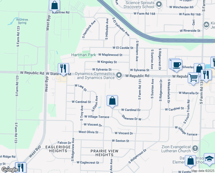map of restaurants, bars, coffee shops, grocery stores, and more near 3680 West Western Court in Springfield