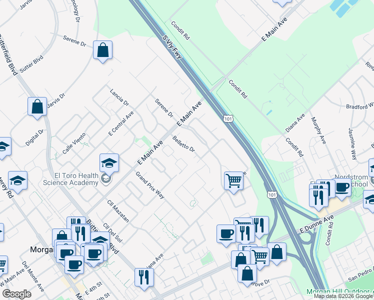 map of restaurants, bars, coffee shops, grocery stores, and more near 17469 Belletto Drive in Morgan Hill
