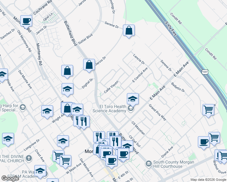 map of restaurants, bars, coffee shops, grocery stores, and more near 515 East Central Avenue in Morgan Hill