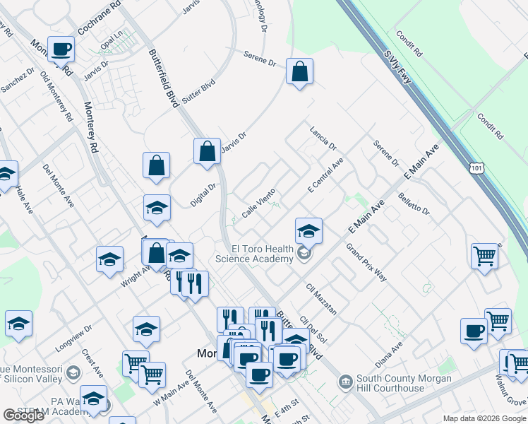 map of restaurants, bars, coffee shops, grocery stores, and more near 515 East Central Avenue in Morgan Hill