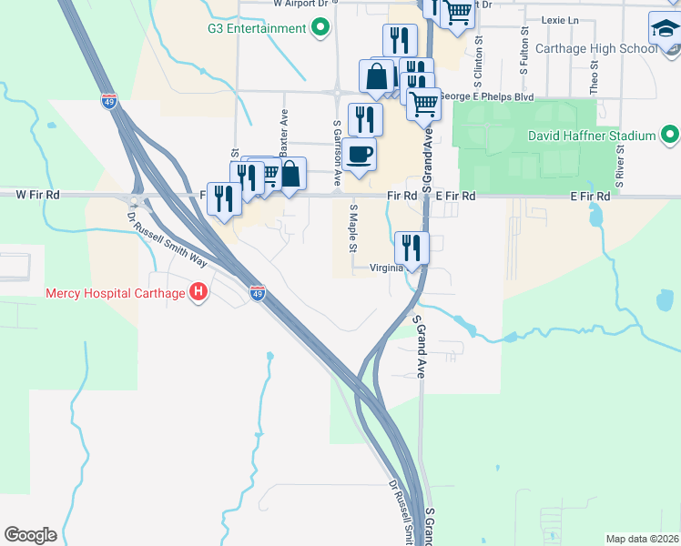 map of restaurants, bars, coffee shops, grocery stores, and more near 2953 South Maple Street in Carthage