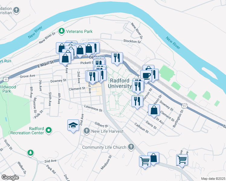 map of restaurants, bars, coffee shops, grocery stores, and more near in Radford