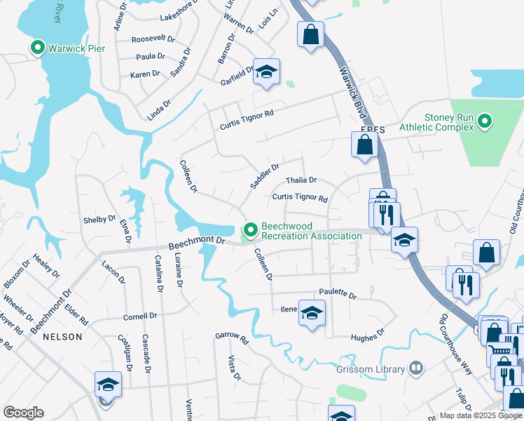 map of restaurants, bars, coffee shops, grocery stores, and more near 305 Thalia Drive in Newport News