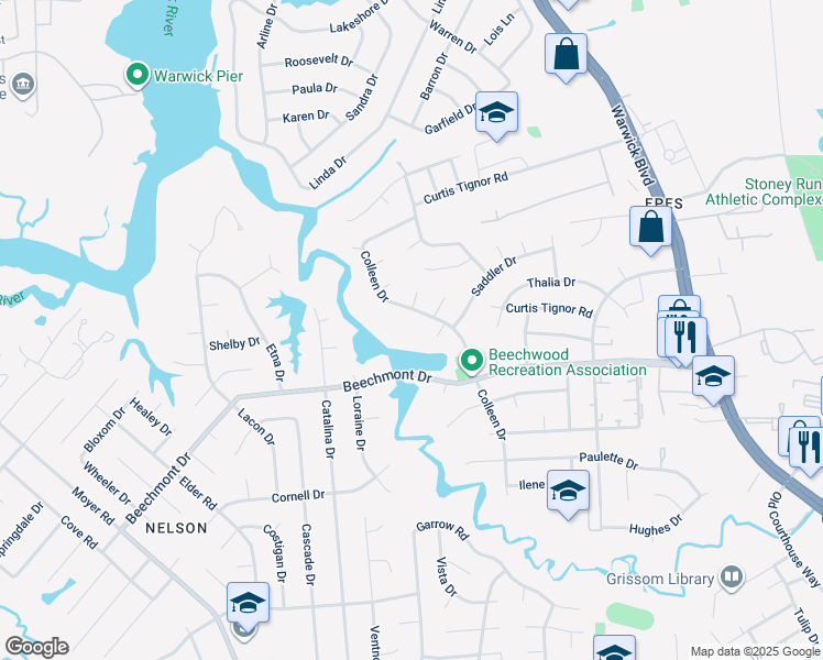 map of restaurants, bars, coffee shops, grocery stores, and more near 935 Colleen Drive in Newport News