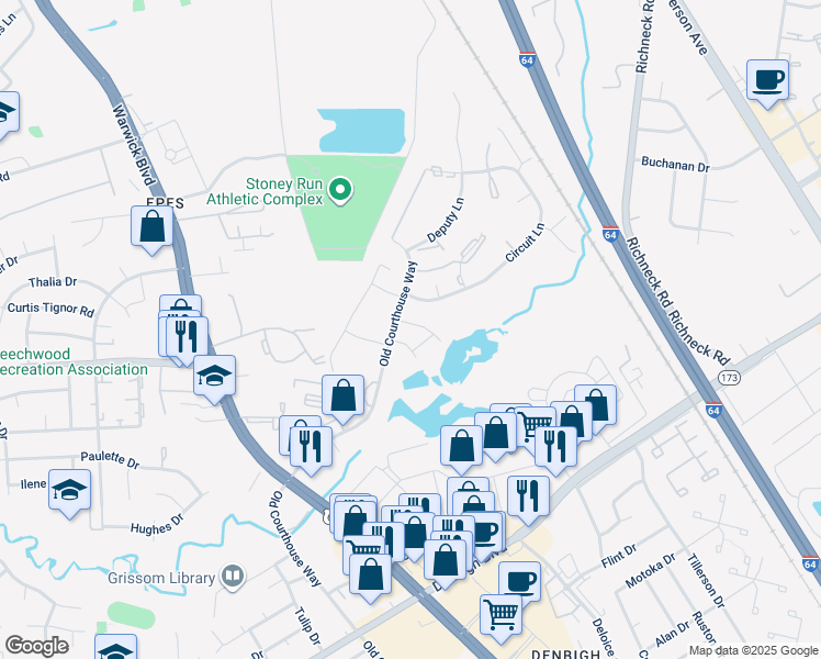 map of restaurants, bars, coffee shops, grocery stores, and more near 320 Advocate Court in Newport News