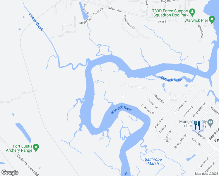 map of restaurants, bars, coffee shops, grocery stores, and more near 1364 Moyer Road in Newport News