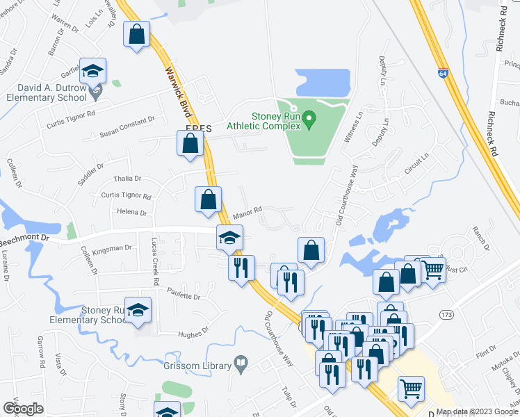 map of restaurants, bars, coffee shops, grocery stores, and more near 427 Manor Road in Newport News