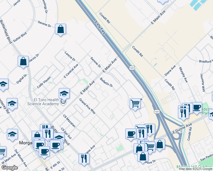map of restaurants, bars, coffee shops, grocery stores, and more near 17479 Belletto Drive in Morgan Hill