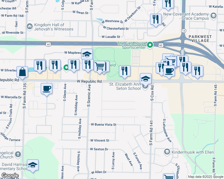 map of restaurants, bars, coffee shops, grocery stores, and more near 4256 South Deborah Road in Springfield